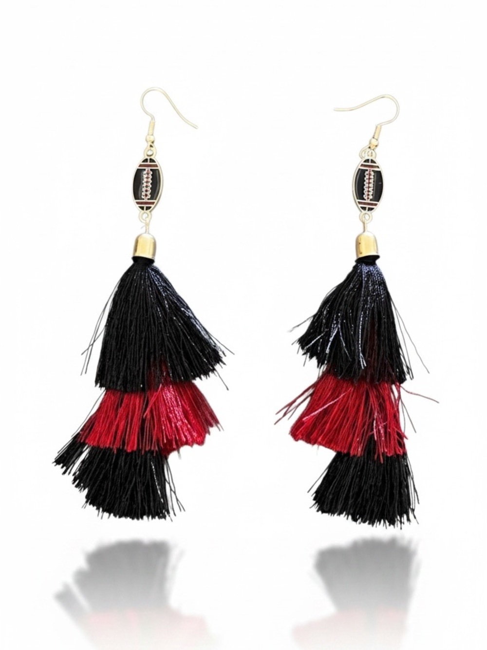 Enamel Football Red Black Tassel Game Day Georgia SDSU Texas Tech 4.5" Earrings